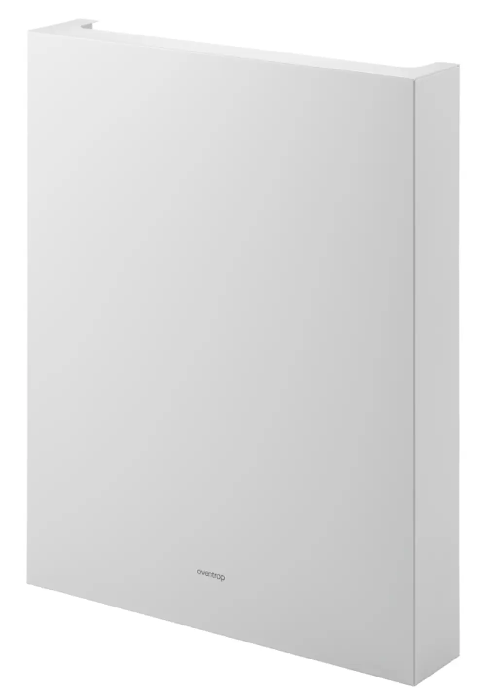 Weiße, flache Abdeckung von Oventrop, designed für eine seitliche Montage, ohne sichtbare Anschlüsse, in einem minimalistischen Stil gehalten.